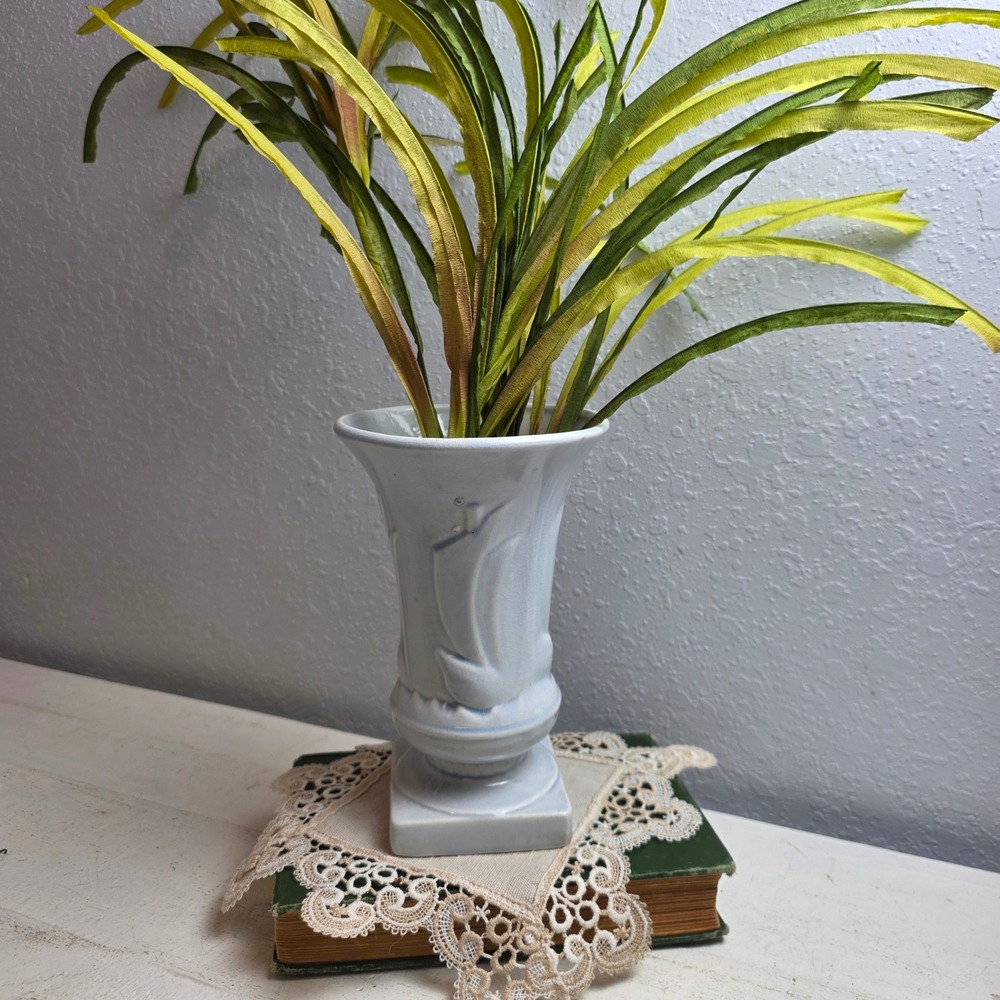 Vintage 40s McCoy Sailboat Design Art Deco Light Blue‎ Ceramic Vase MCM FLAWS